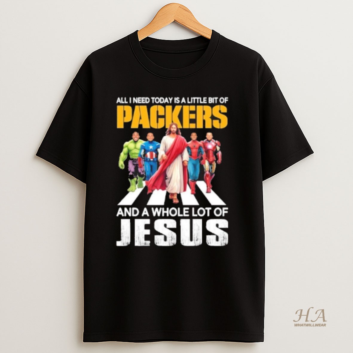 Official Marvel Studios All I Need Today Is A Little Bit Of Green Bay Packers And A Whole Lot Of Jesus T Shirt