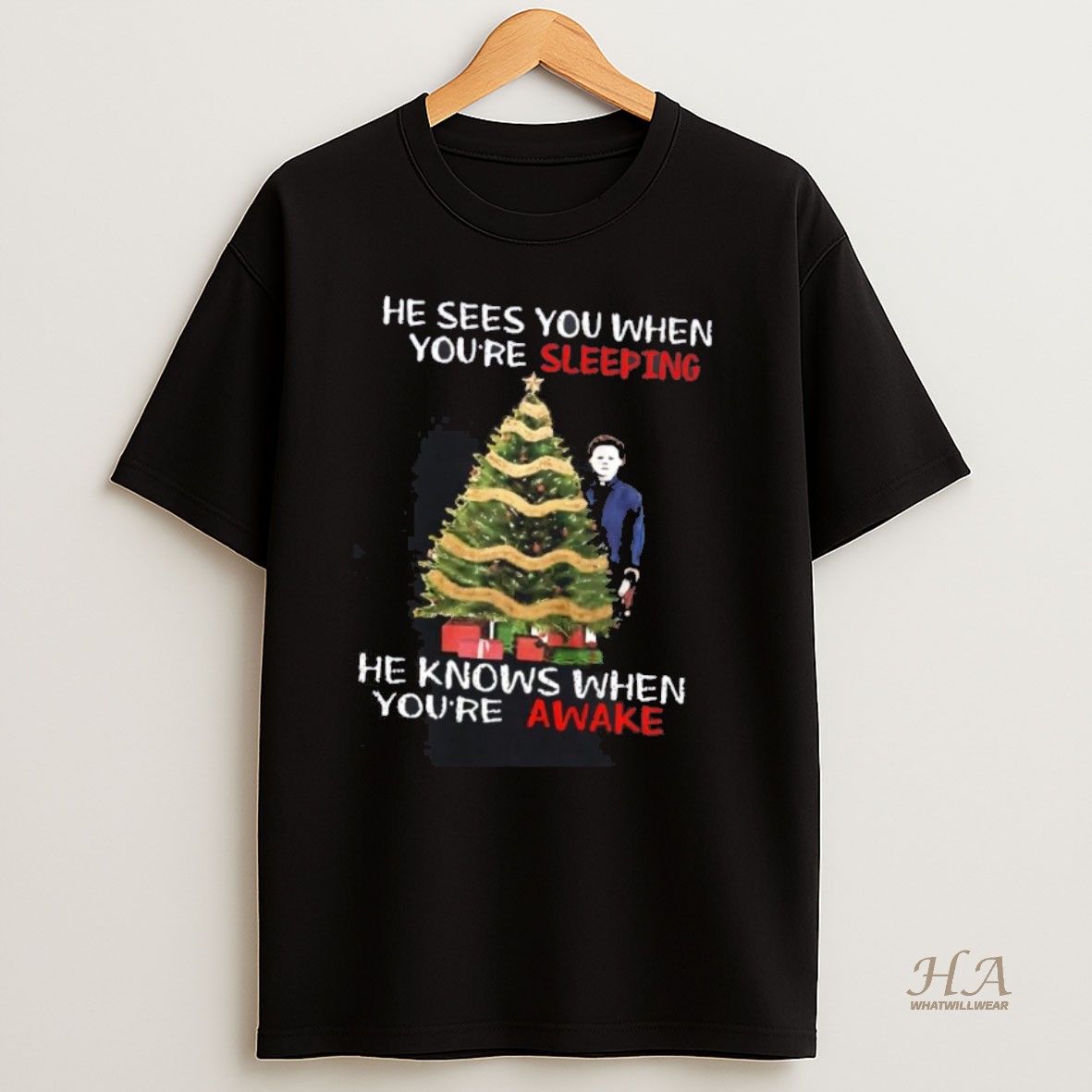 Official Michael Myers He Sees You When Youre Sleeping Christmas Shirt