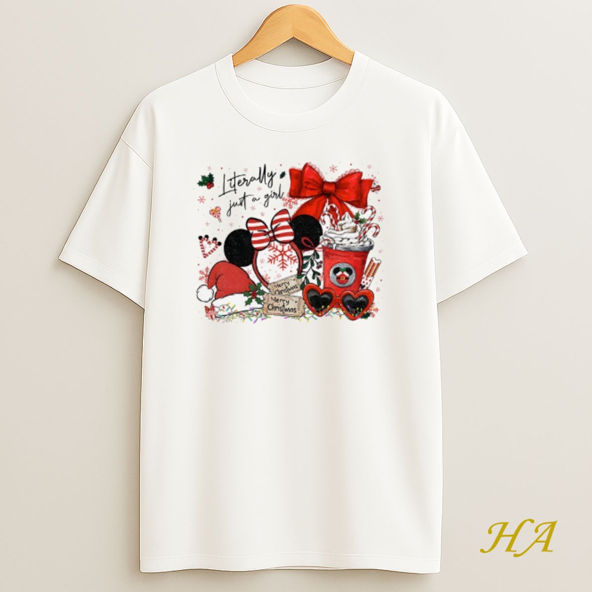 Official Mickey Mouse Preppy Magical Kingdom Literally Just A Girl Merry Christmas T Shirt