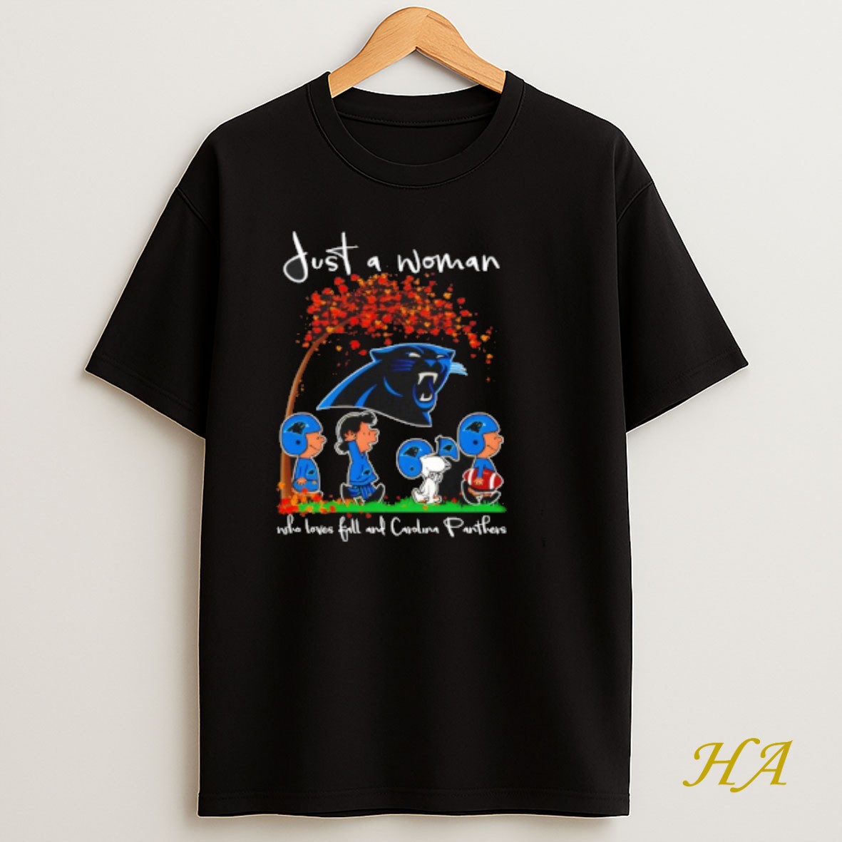 Official Peanuts Just A Woman Who Loves Fall And Carolina Panthers Team Happy Fall Nfl T Shirt