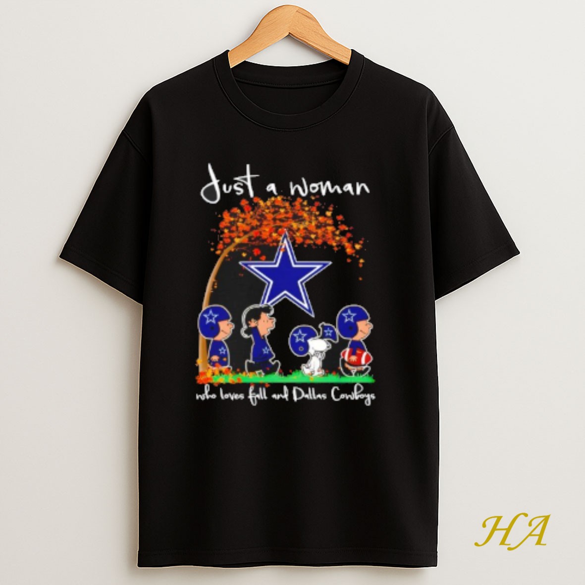 Official Peanuts Just A Woman Who Loves Fall And Dallas Cowboys Team Happy Fall Nfl T Shirt