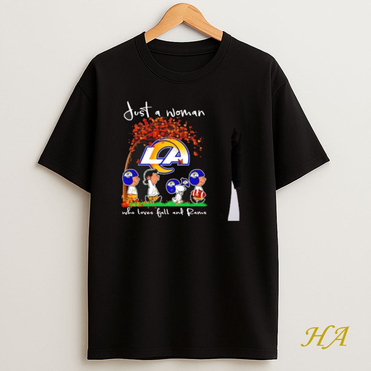 Official Peanuts Just A Woman Who Loves Fall And La Rams Team Happy Fall Nfl T Shirt