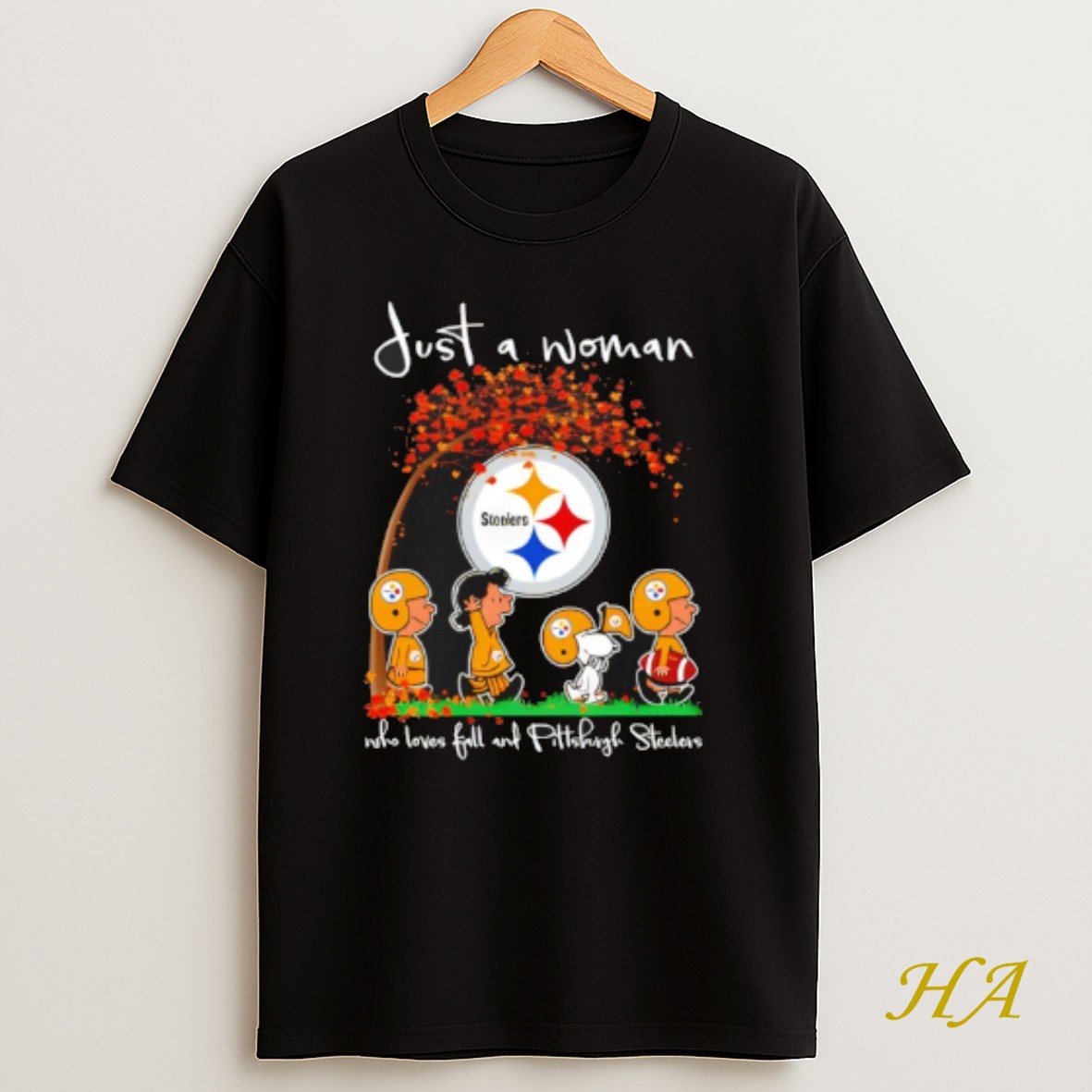 Official Peanuts Just A Woman Who Loves Fall And Pittsburgh Steelers Team Happy Fall Nfl T Shirt