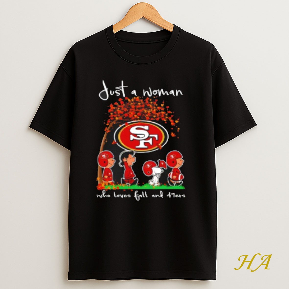 Official Peanuts Just A Woman Who Loves Fall And Sf 49ers Team Happy Fall Nfl T Shirt