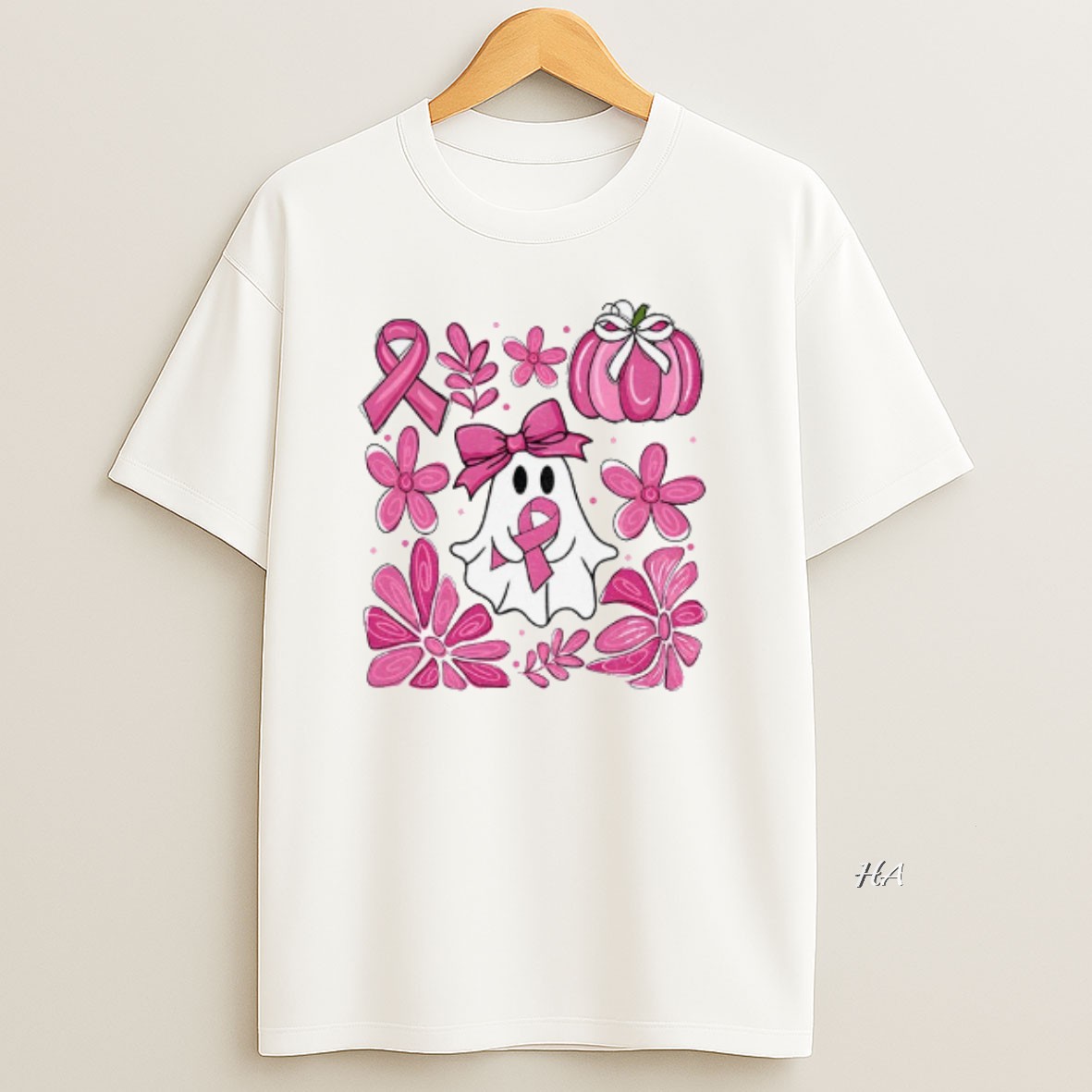 Official Pink Ghost Breast Cancer Boho Pumpkin Coquette Floral Breast Cancer Halloween T Shirt
