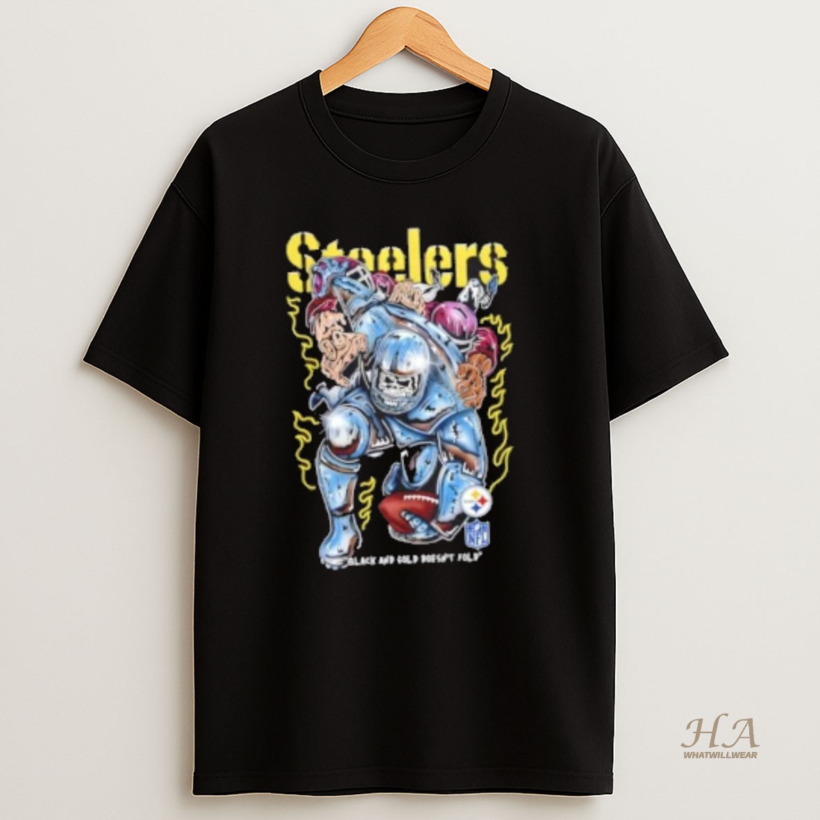 Official Pittsburgh Steelers Black And Gold Doesnt Fold Football Fire Graphic T Shirt