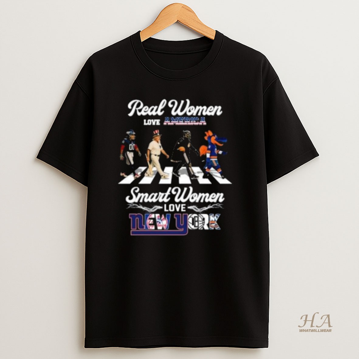 Official Real Women Love America Smart Women Love New York City Sports Giants Yankees Nets And Islanders Mascot Walking 2025 Long Sleve T Shirt
