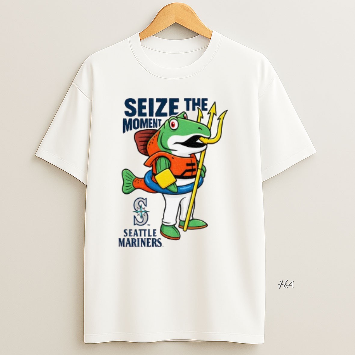 Official Seattle Mariners Humpy Salmon Holding Trident Seize The Moment Mlb T Shirt