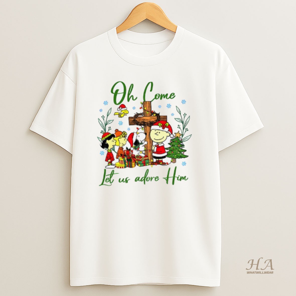 Official Snoopy And Peanuts Oh Come Let Us Adore Him Merry Christmas T Shirt