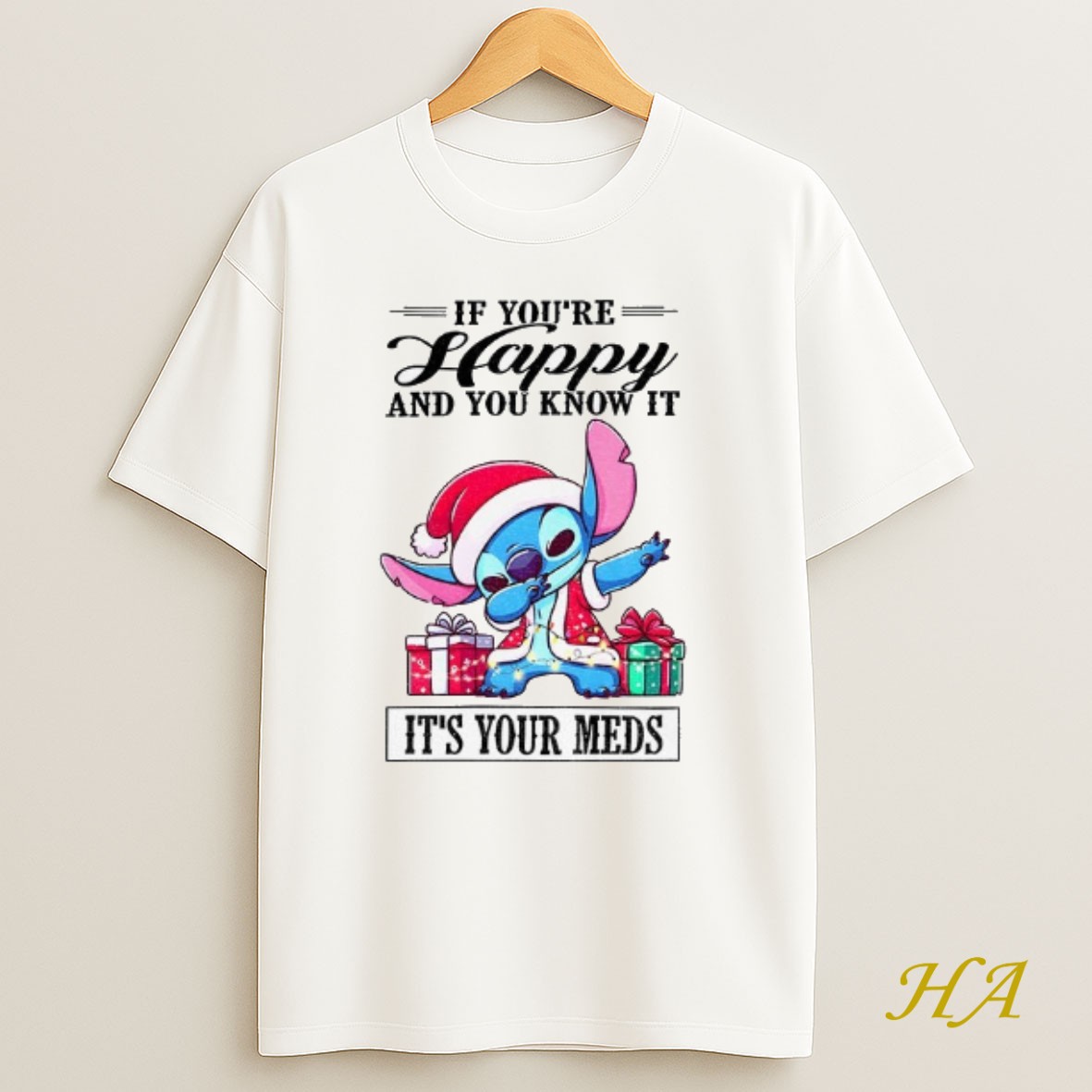 Official Stitch Santa Hat If Youre Happy And You Know It Its Your Meds Christmas Shirt