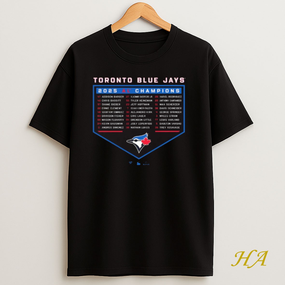 Official Toronto Blue Jays Mlb 2025 Al Champions Bloop Single Roster Addison Barger Chris Bassitt And Shane Bieber T Shirt