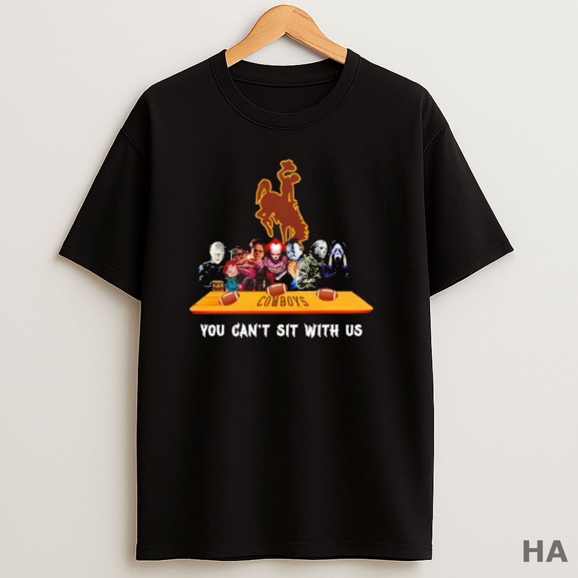Official Wyoming Cowboys Horror Movie Characters You Cant Sit With Us Halloween T Shirt
