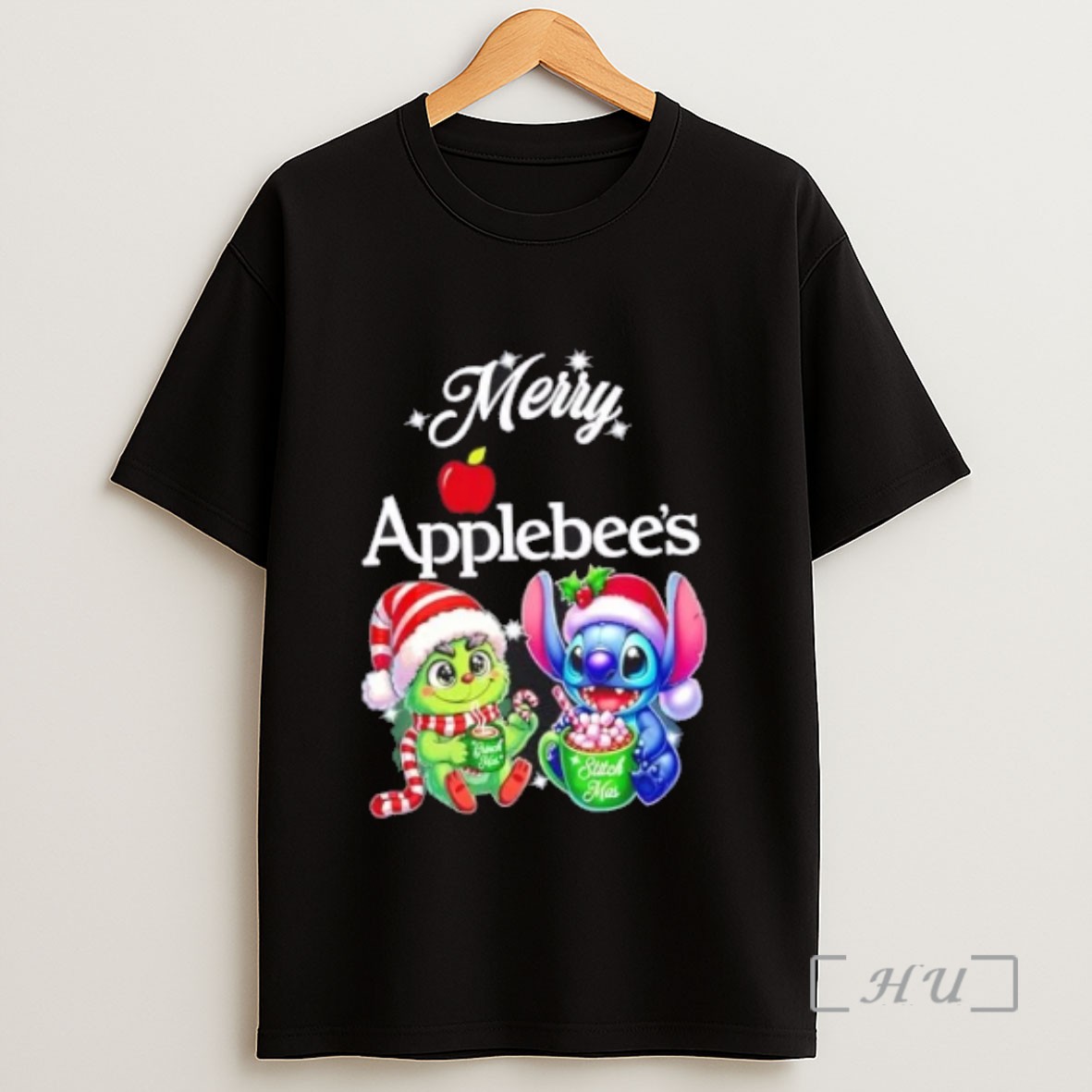 Officials Baby Grinch And Stitch X Applebees Merry Christmas Sweatshirt Tee Shirt