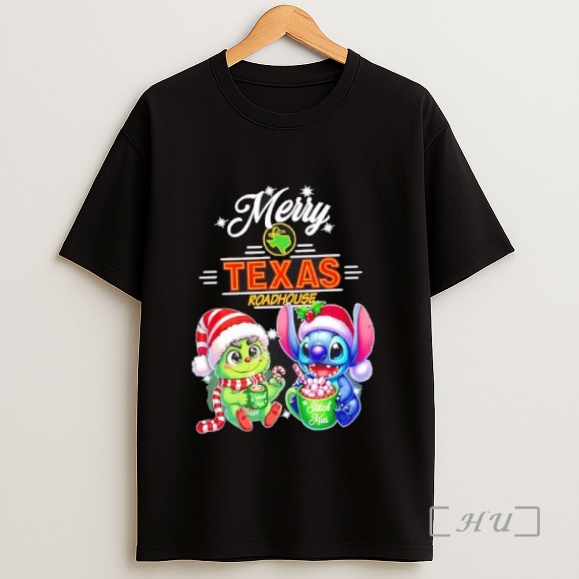 Officials Baby Grinch And Stitch X Texas Roadhouse Merry Christmas Sweatshirt Tee Shirt