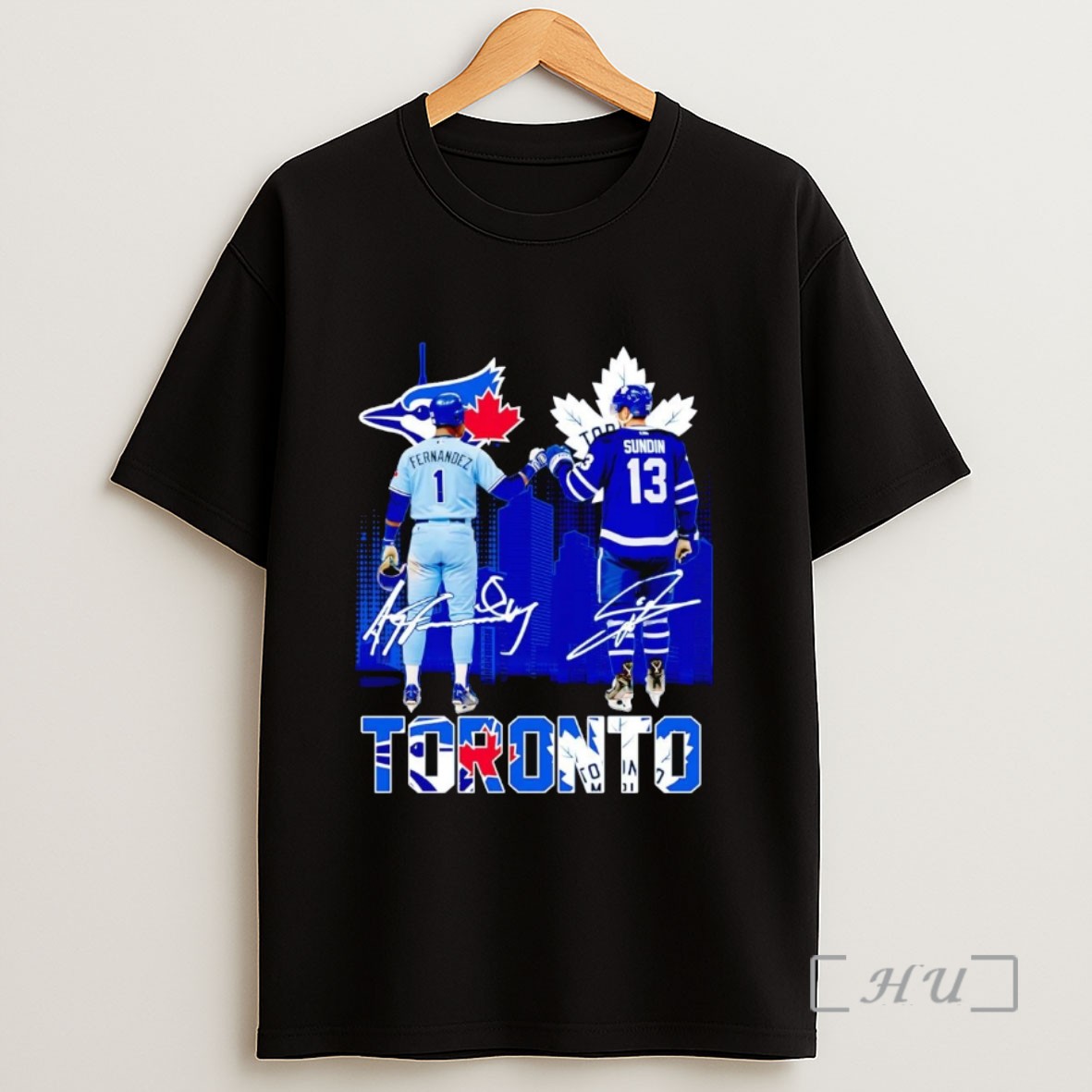 Officials Blue Jays Fernandez And Maple Leafs Sundin Fist Bump Toronto Skyline Sweatshirt Tee Shirt