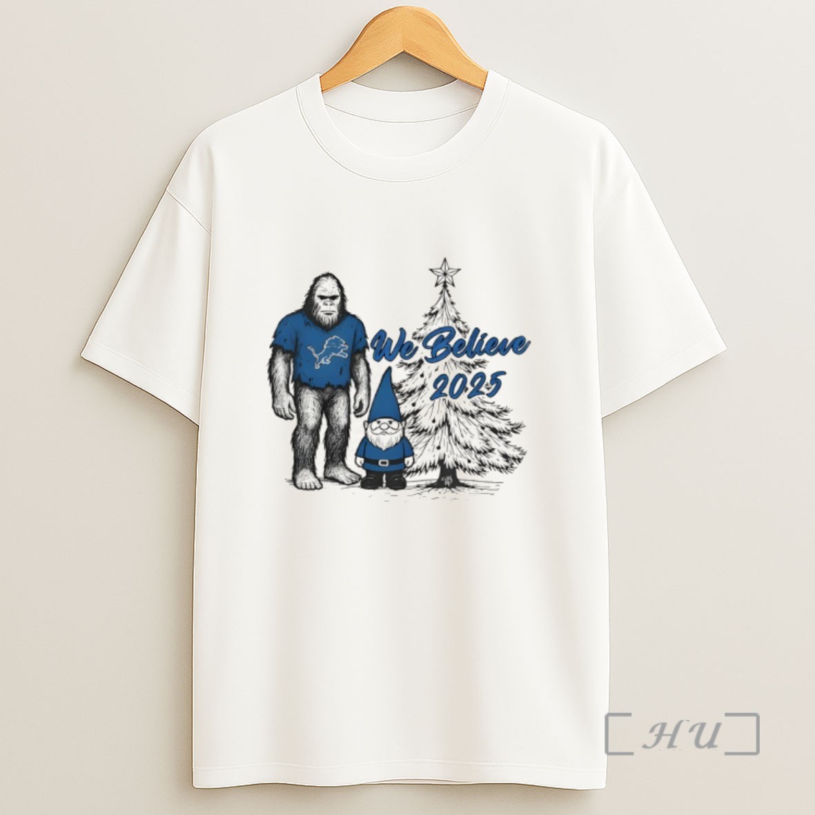 Officials Detroit Football Big Foot And Gnome We Believe Christmas 2025 Sweatshirt Tee Shirt
