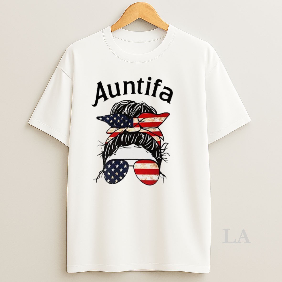 Original Auntifa Woman With Bun Hairstyle Wearing American Flag Headband And Sunglasses Shirt