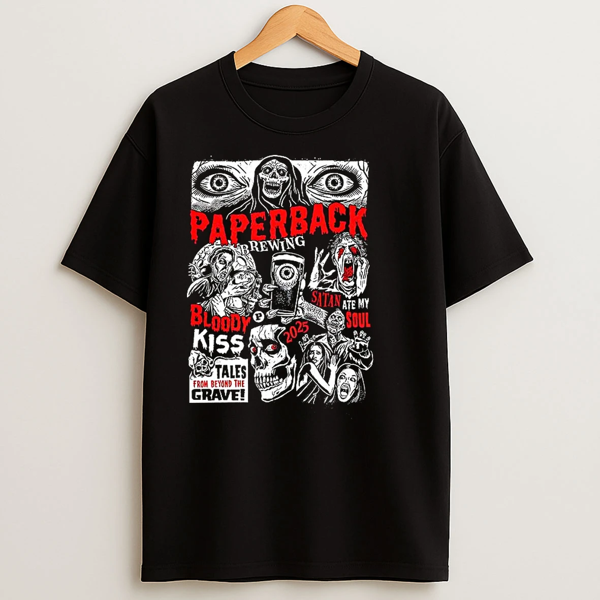 Paperback Brewing Bloody Kiss Satan Ate My Soul 2025 Horror Halloween T Shirts