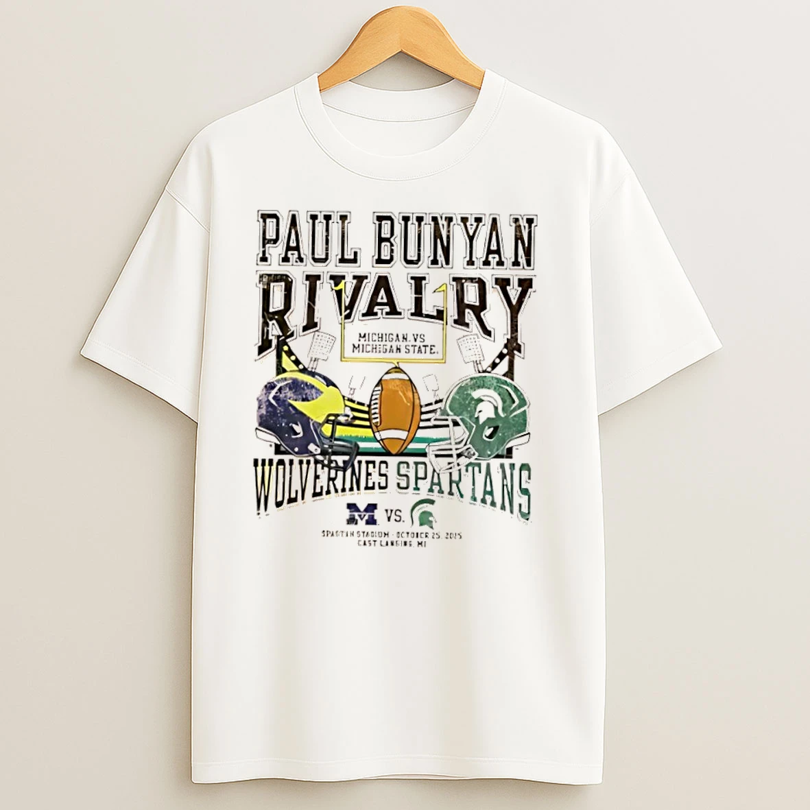 Paul Bunyan Trophy Rivalry Michigan State Spartans Ivory Vs Michigan Wolverines Helmet Logo T Shirts