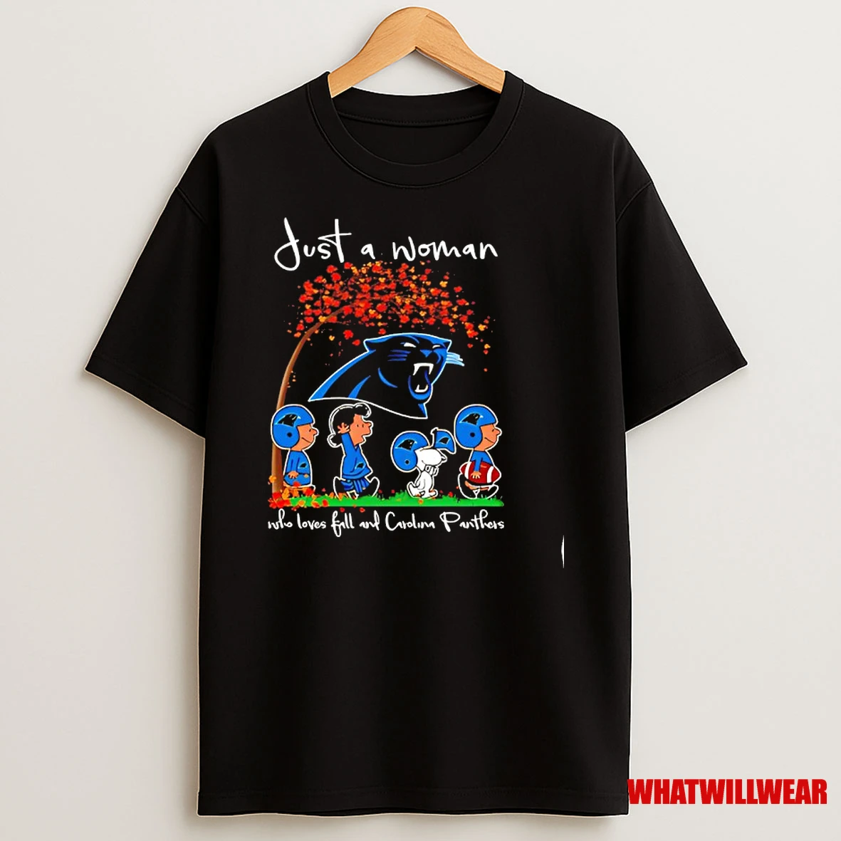 Peanuts Just A Woman Who Loves Fall And Carolina Panthers Team Happy Fall Nfl Shirts