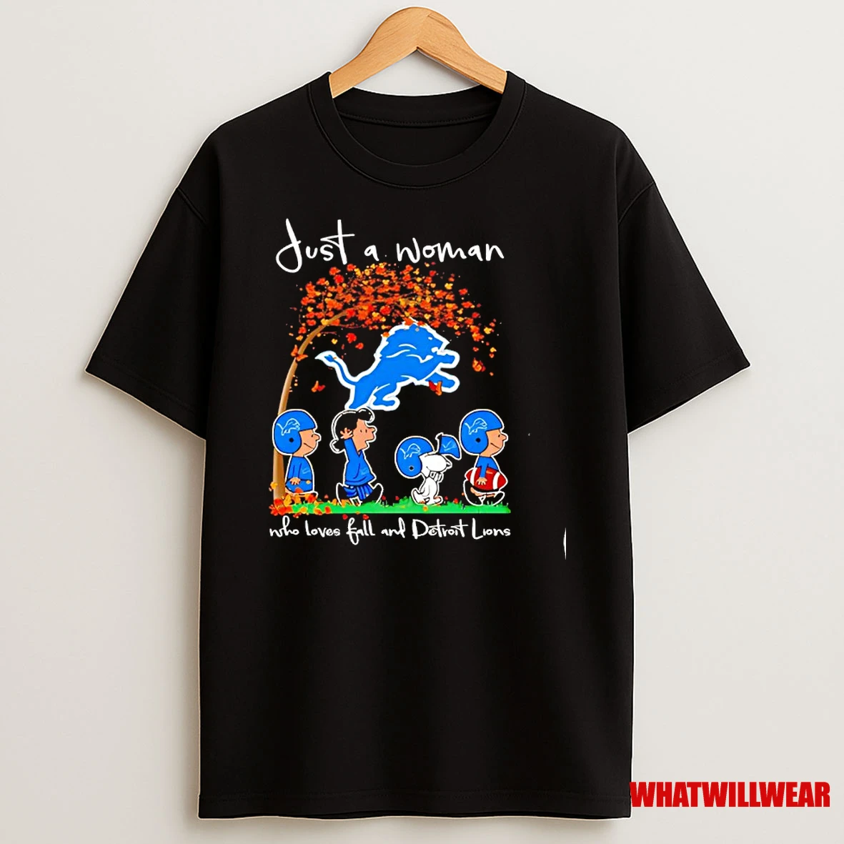 Peanuts Just A Woman Who Loves Fall And Detroit Lions Team Happy Fall Nfl Shirts