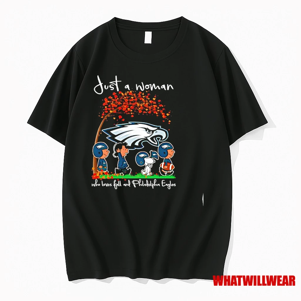 Peanuts Just A Woman Who Loves Fall And Eagles Team Happy Fall Nfl Shirts
