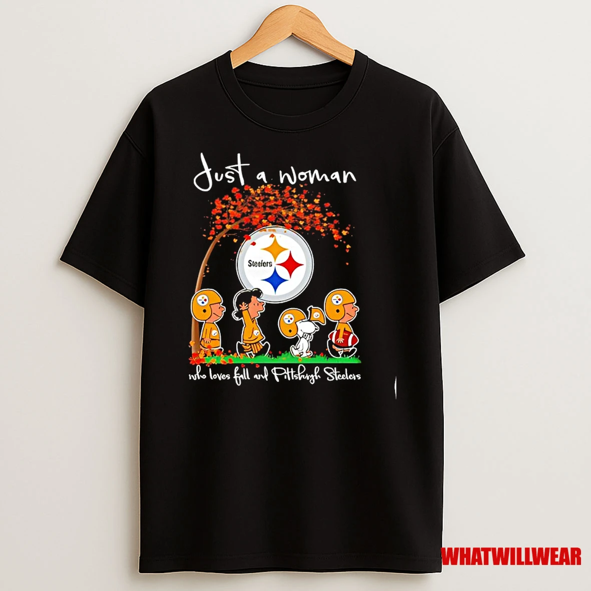 Peanuts Just A Woman Who Loves Fall And Pittsburgh Steelers Team Happy Fall Nfl Shirts