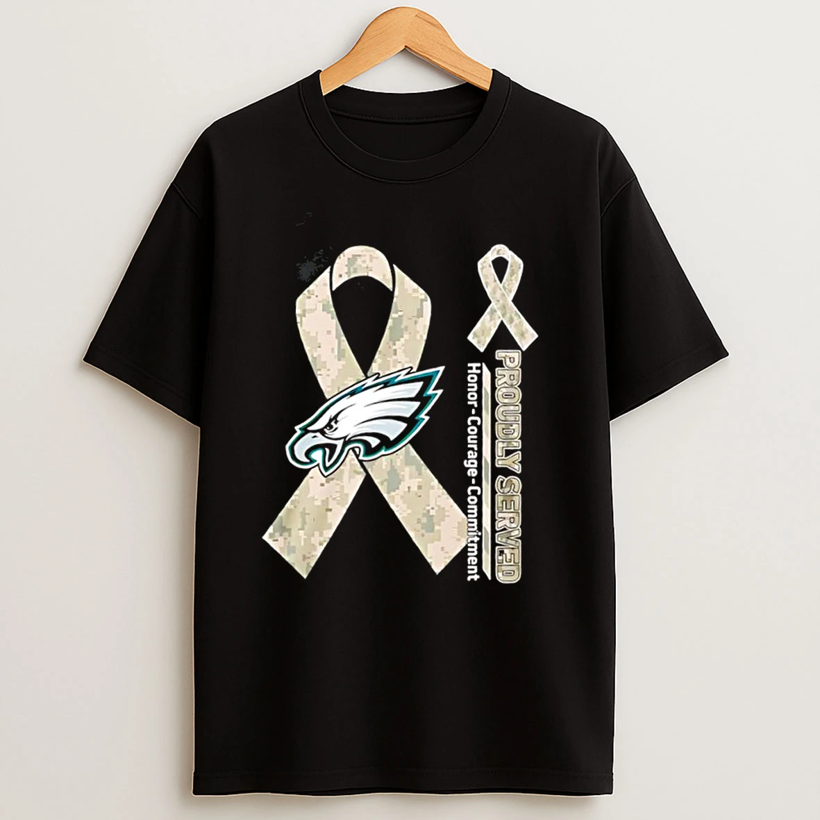 Philadelphia Eagles Proudly Served Honor Courage Commitment Camouflage Ribbon Logo T Shirts