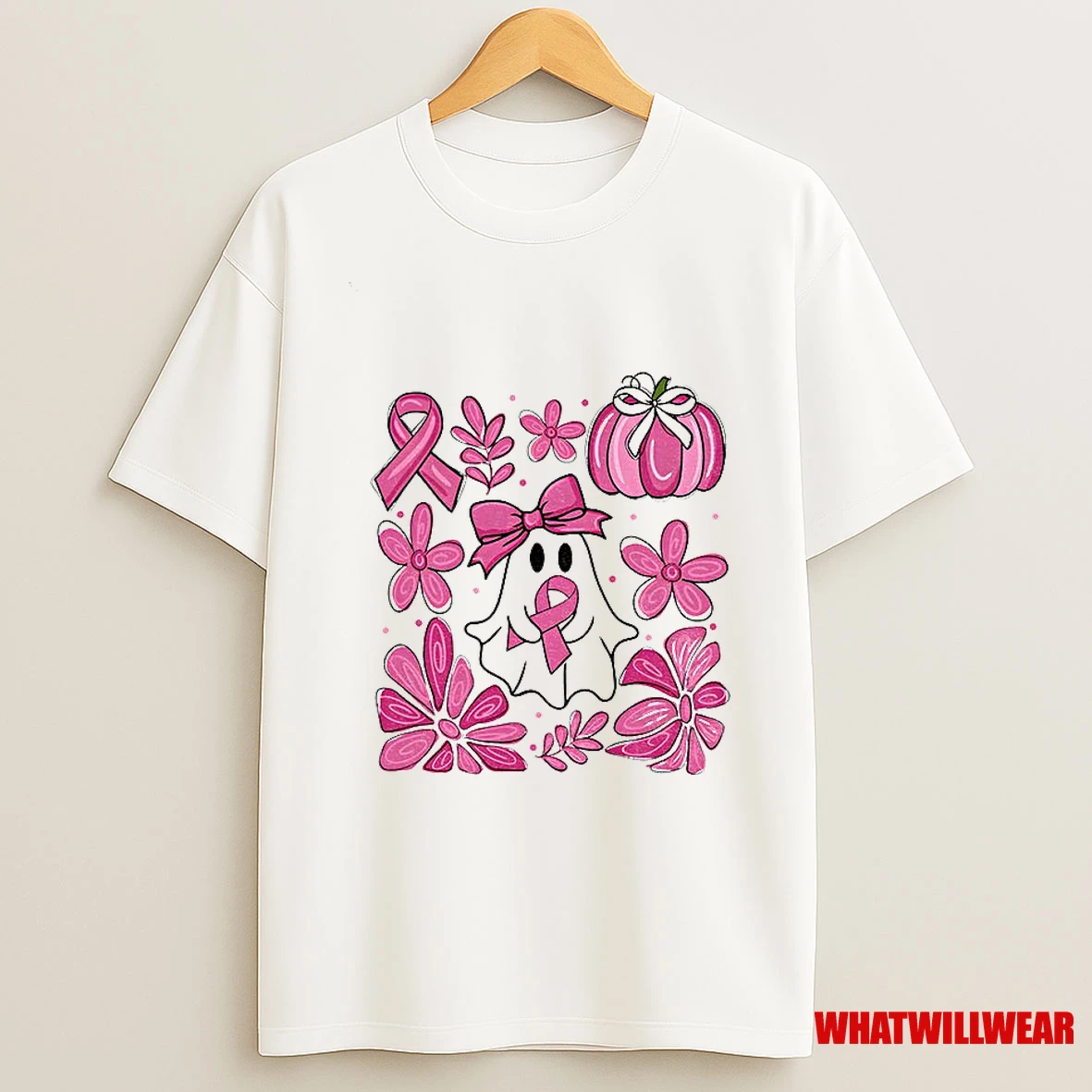 Pink Ghost Breast Cancer Boho Pumpkin Coquette Floral Breast Cancer Halloween Shirts