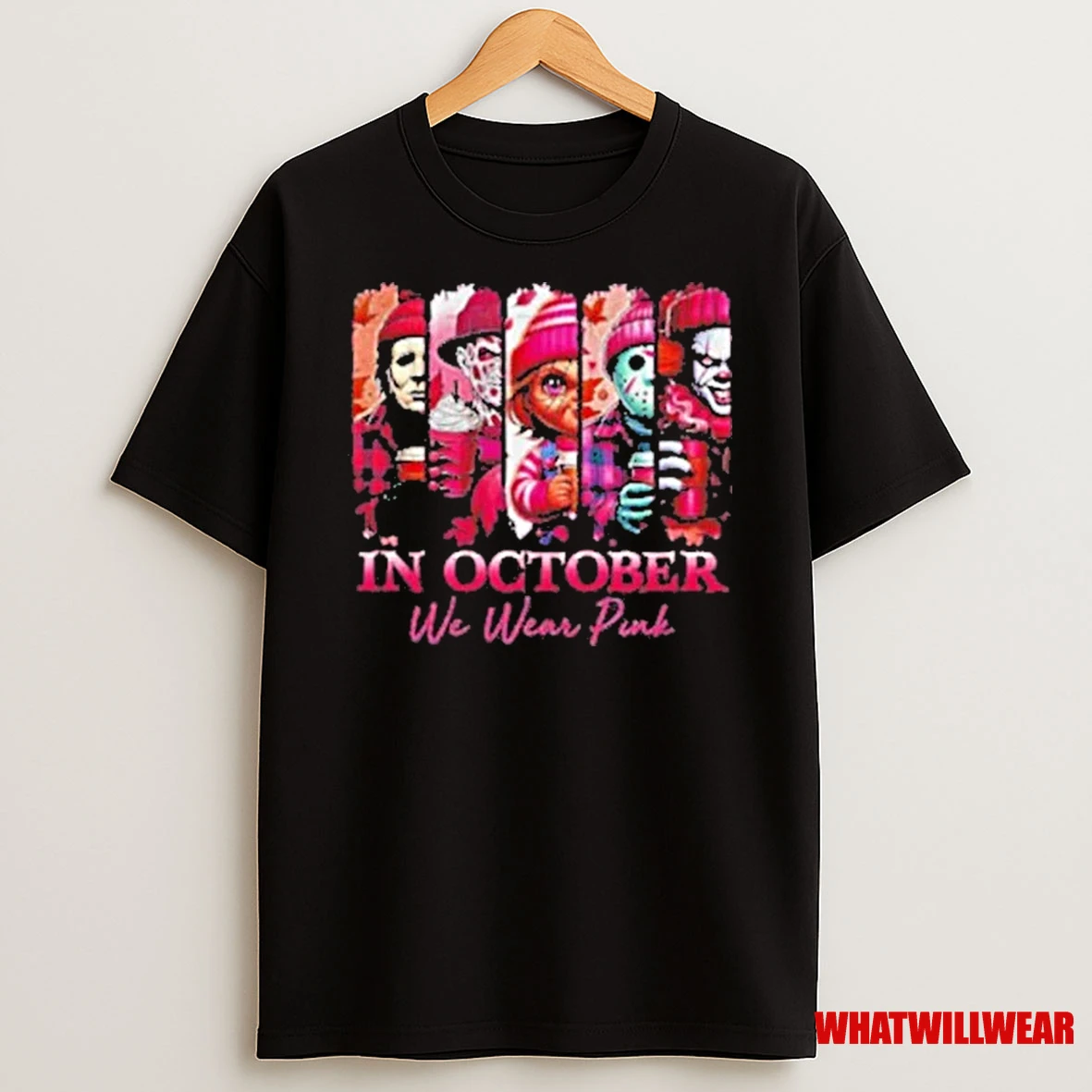 Pink Horror Characters In October We Wear Pink Shirts