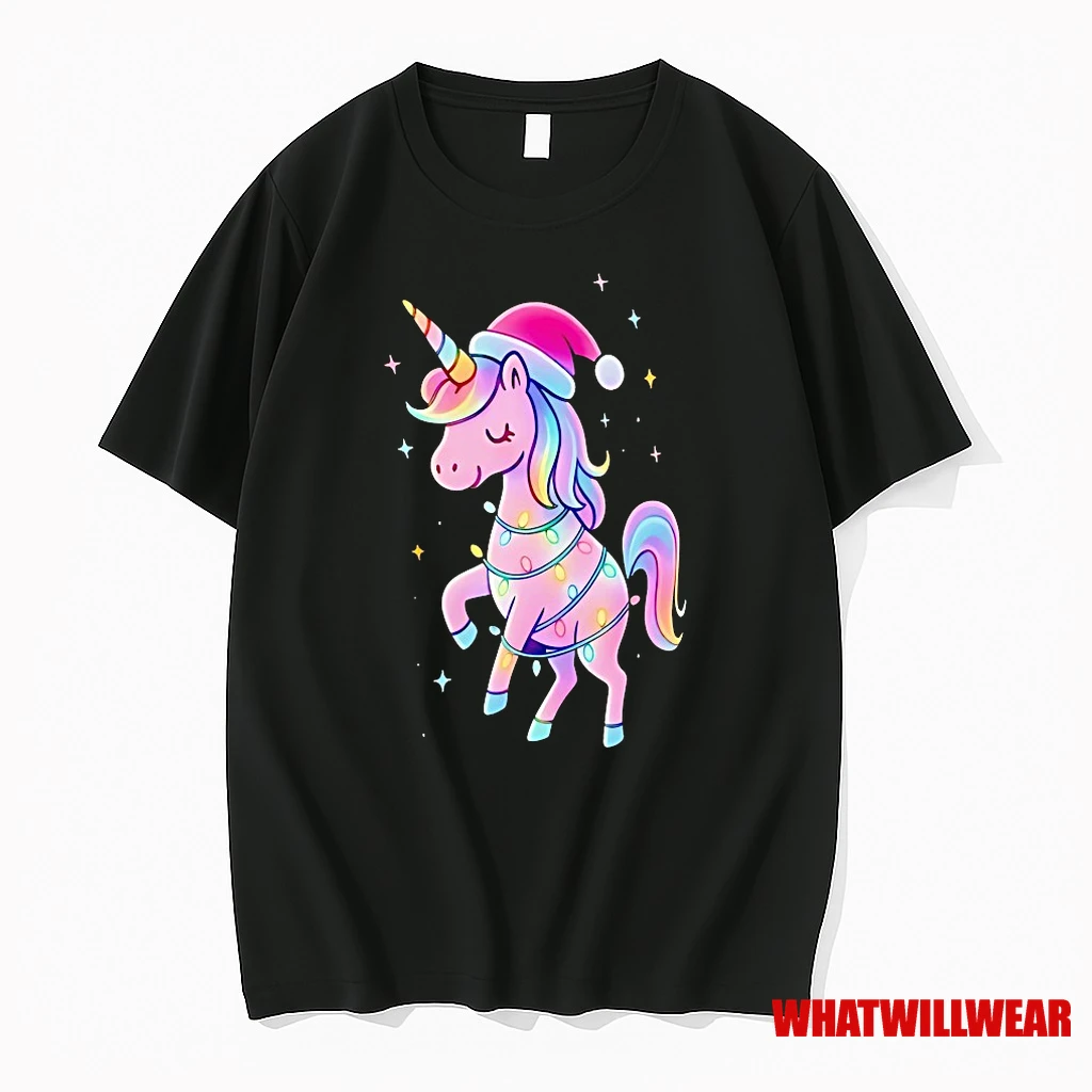 Pink Unicorn Christmas Lights Santa Hat Holiday Shirts