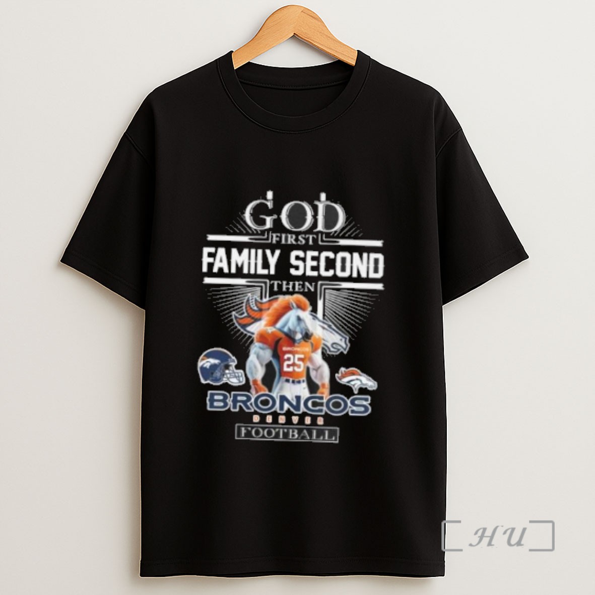 Premium God First Family Second Then Denver Broncos Football Mascot 2025 Sweatshirt Tee Shirt