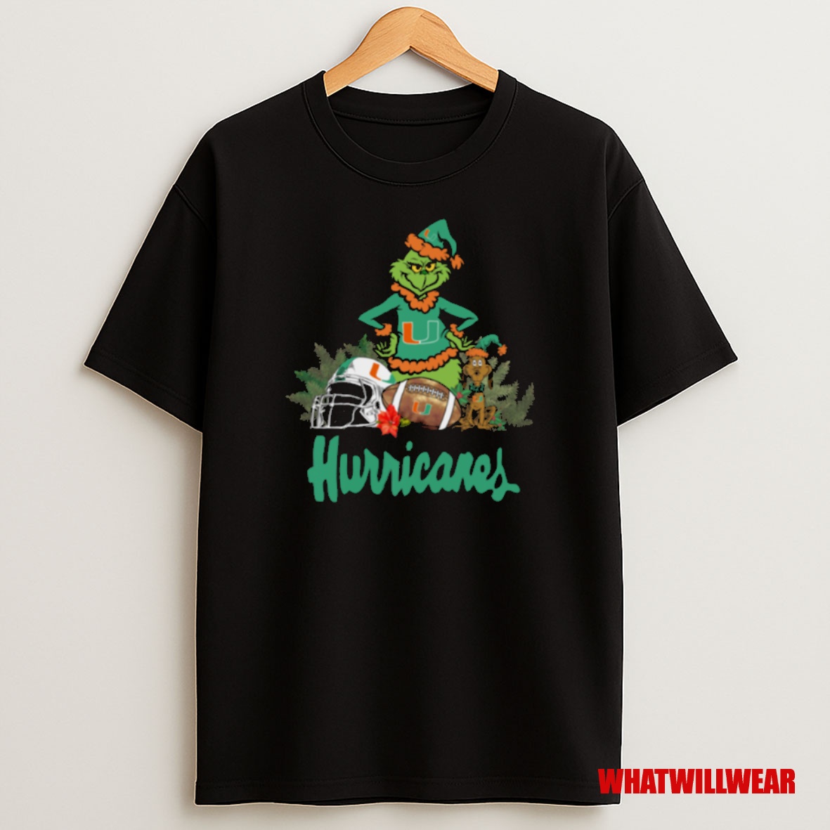 Premium Grinch Hat Santa And Dog Rugby Helmet Miami Hurricanes Logo Merry Christmas Sweatshirt Tee