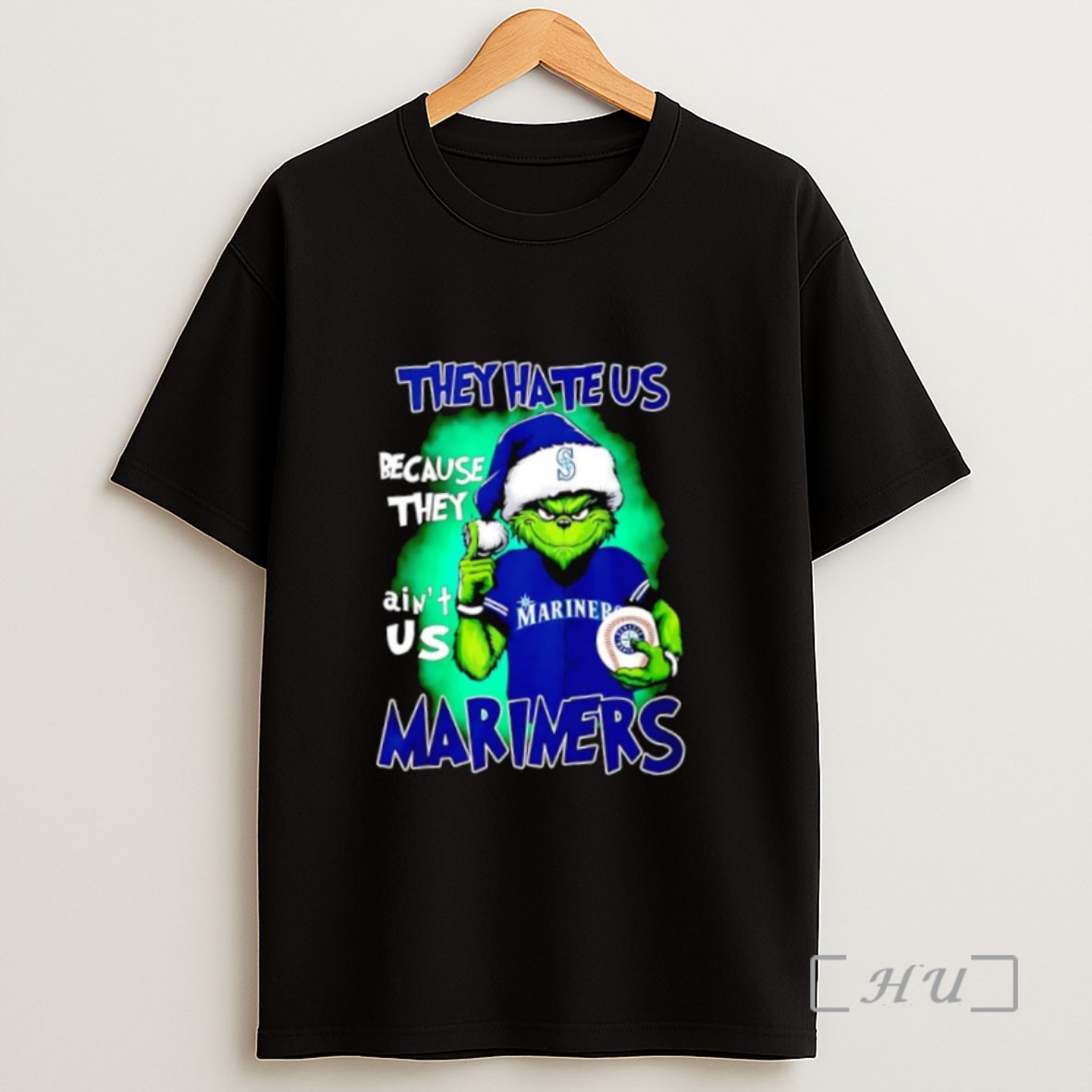 Premium Grinch Santa Hat They Hate Us Because They Aint Us Seattle Mariners Baseball Sweatshirt Tee Shirt