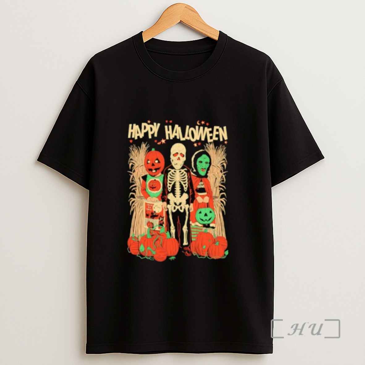 Premium Happy Halloween Trio Skeleton Pumpkin Trick Or Treat Sweatshirt Tee Shirt