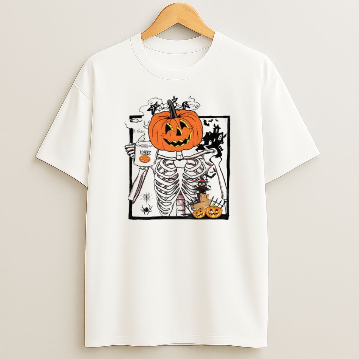 Premium Pumpkin Skeleton Drinking Coffee Funny Halloween Sweatshirt Tee