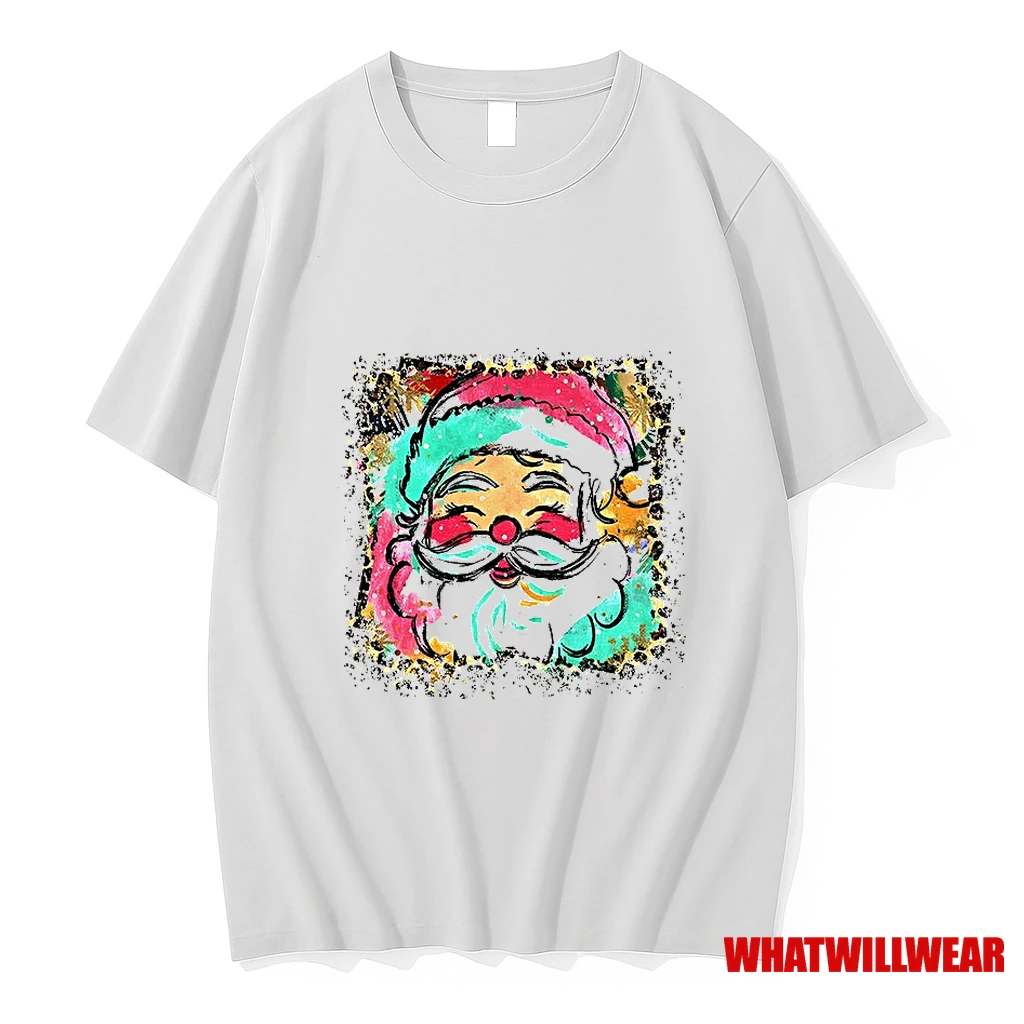 Preppy Brushstroke Santa Claus Colorful Leopard Glitter Christmas Shirts
