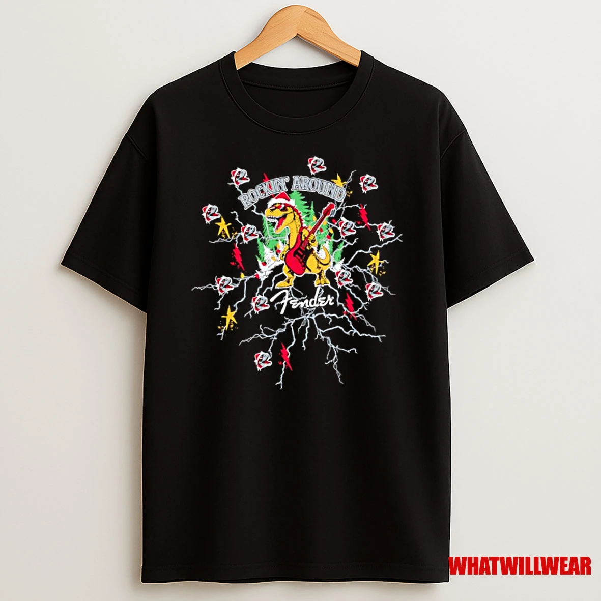 Rockin Around 2025 Ugly Christmas Dinosaur Graphic Shirts