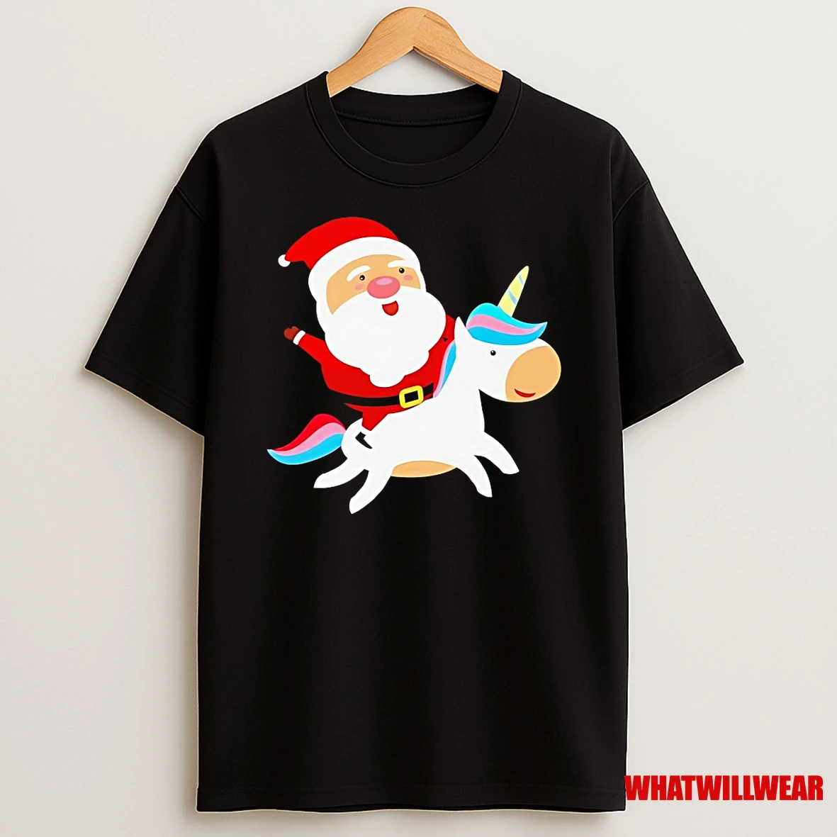 Santa Claus On Unicorn Rainbow Sleigh Ride Christmas Shirts