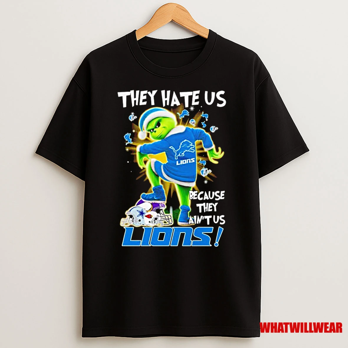 Santa Grinch They Hate Us Because They Aint Us Lions Christmas Shirts