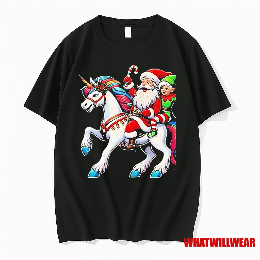 Santa And Elf Riding Rainbow Unicorn Christmas Shirts