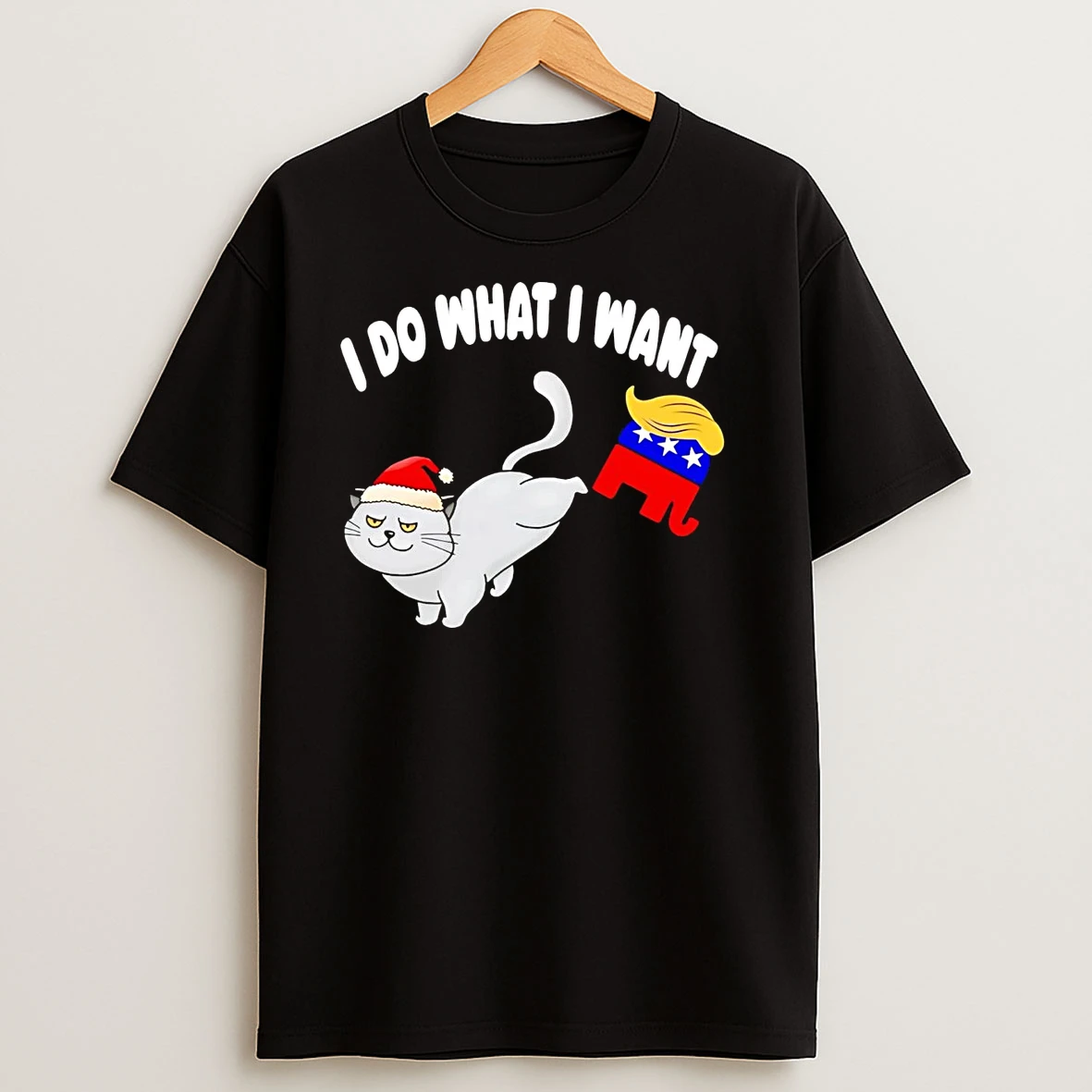 Santa Cat Kicking Trump I Do What I Want Christmas T Shirts