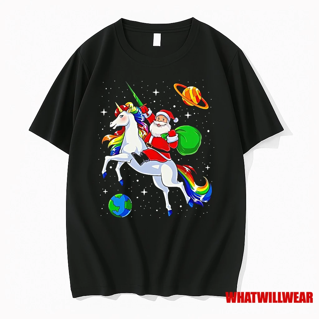 Santa Riding Rainbow Unicorn In Space Christmas Shirts