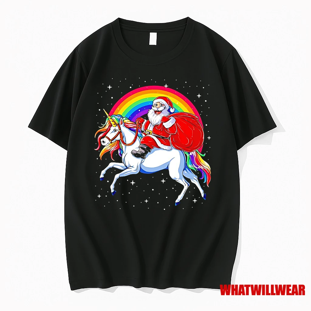 Santa Riding Rainbow Unicorn Under Rainbow Holiday Shirts