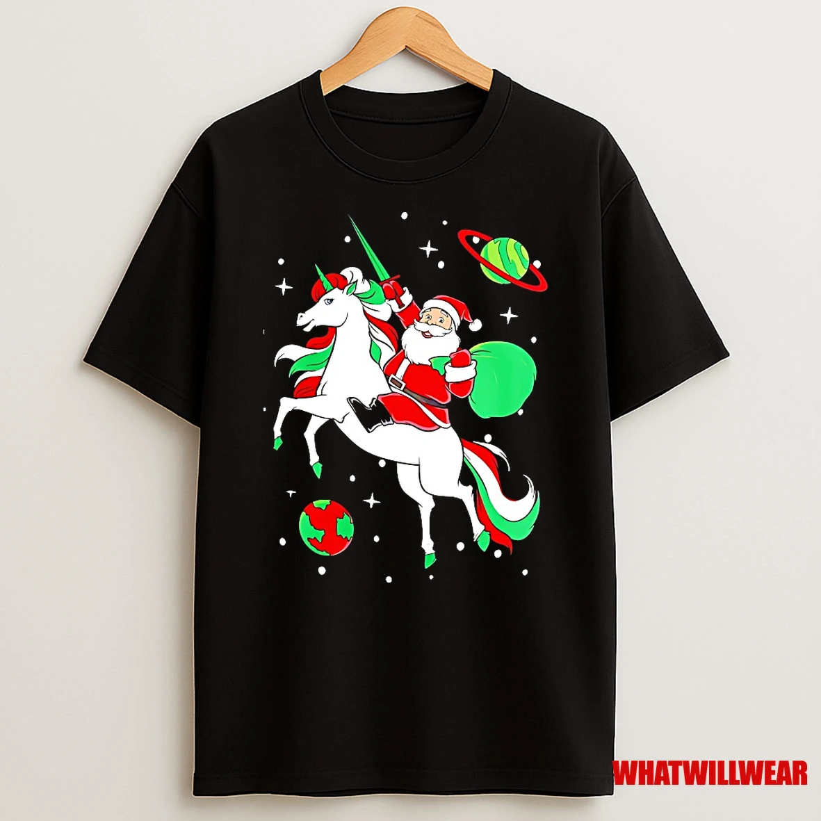 Santa Riding Unicorn In Space Planet Christmas Shirts