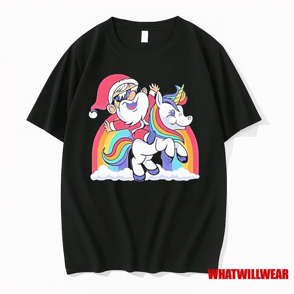 Santa Riding Unicorn Rainbow Clouds Christmas Shirts