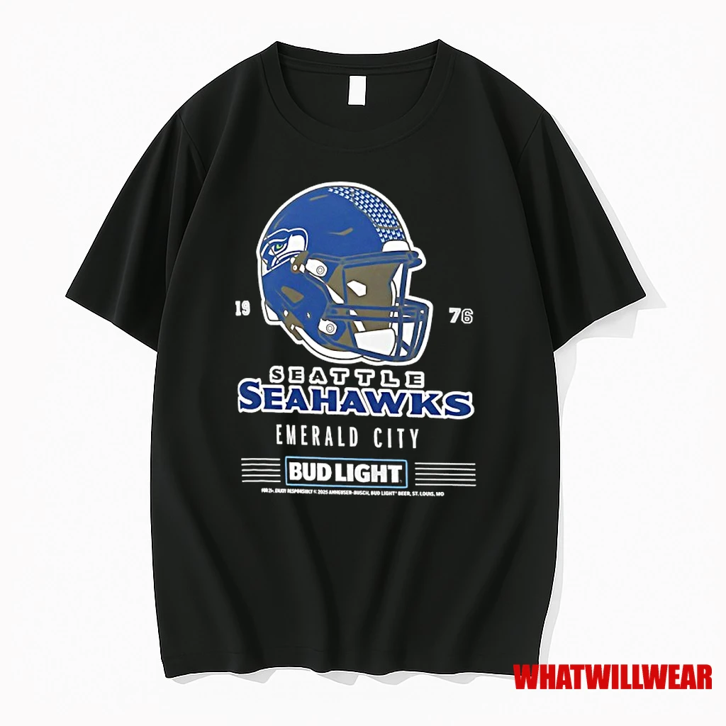 Seattle Seahawks Bud Light 1976 Emerald City Football Helmet Shirts