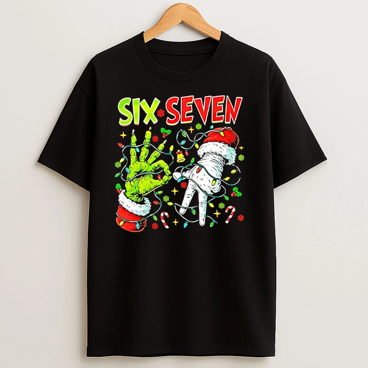 Six Seven Grinch And Santa Hands Christmas Light T Shirts