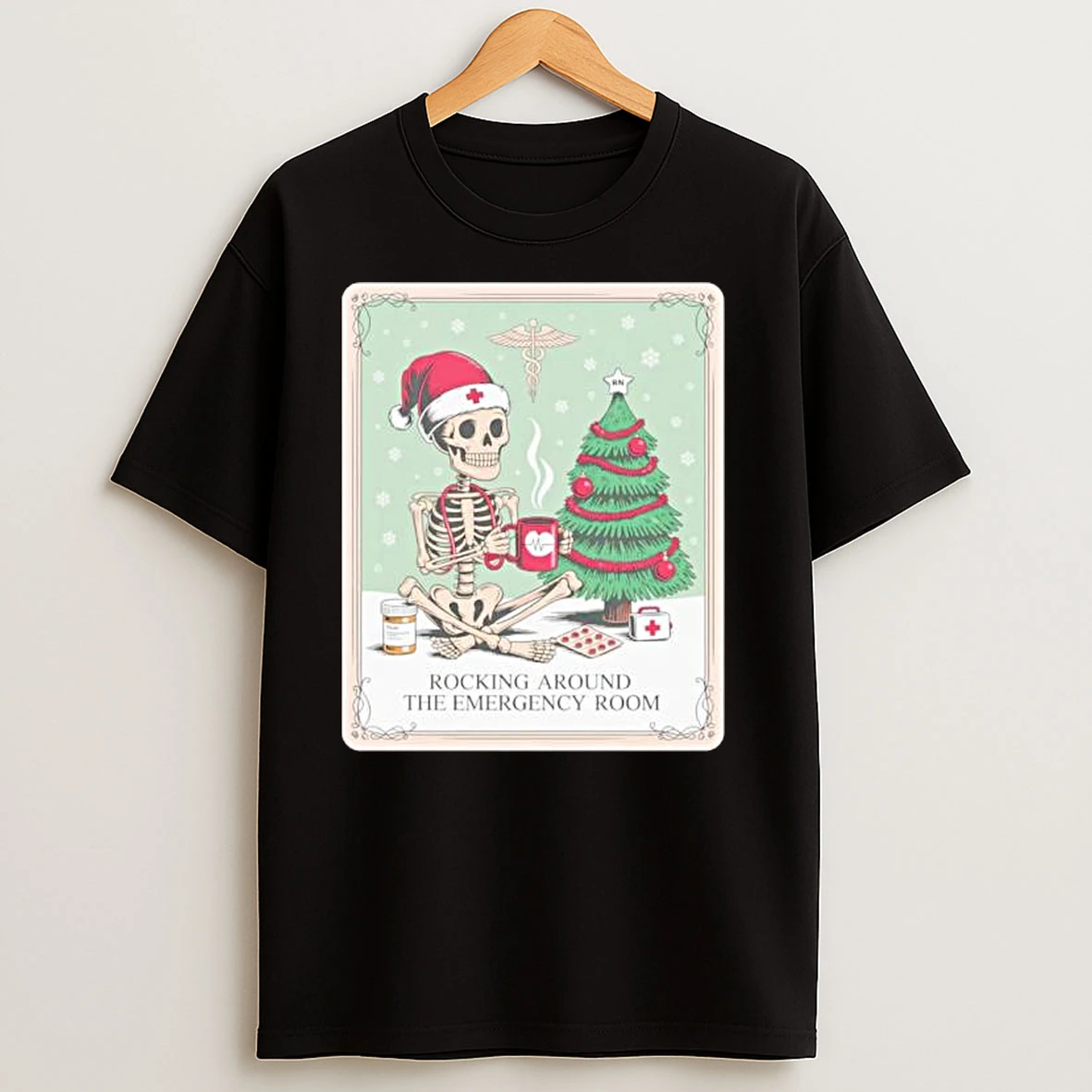 Skeleton Santa Nurse Rocking Around The Emergency Room Ornaments T Shirts