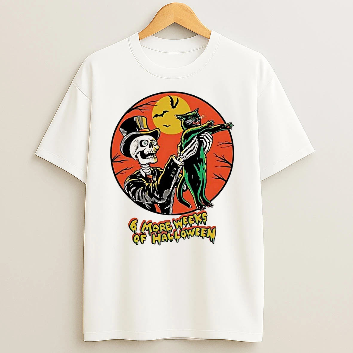 Skeleton Holding Black Cat 6 More Weeks Of Halloween T Shirts